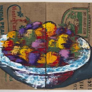 Tomorrow Never Knows, 2017, Olio su sacco di caffè , 120x160cm