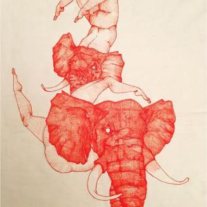 Cut away your safety net, 2018, Inchiostro e cera epilatoria su corredo, 49x72cm