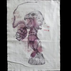 My circus, 2018, Inchiostro e cera epilatoria su lenzuolo da corredo, 43x57cm