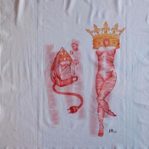 Queen of the house, 2018, Inchiostro, pittura acrilica e cera epilatoria su corredo, 75x75,5cm