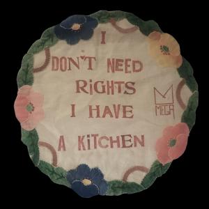 I don't need rights, 2022, Inchiostro su centrino da corredo, 20x20cm