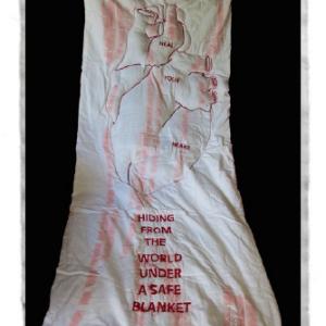 Heal your heart, 2023, Imbottitura, ricamo e cera epilatoria su lenzuolo della USL di Roma, 107x228cm