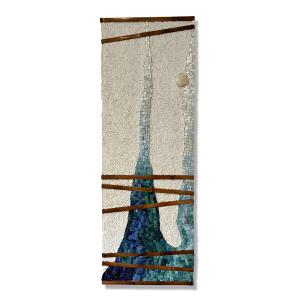 Rip Through Reality 4 Blue, 2023, Pasta vitrea, vetro, oro, conchiglia, bambÃ¹ e malta su tavola di legno, 33x95x3cm