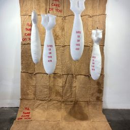 Laura Mega, Embrace Love, 2026, Installazione - Tessuto e iuta ricamati, cm